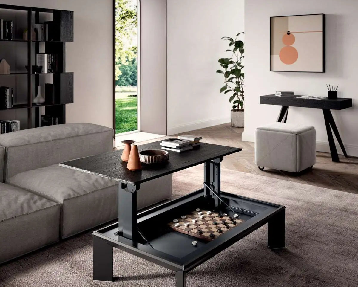 table basse modulable avec espace de rangement et plateaux relevables